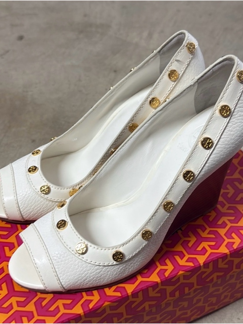 Tory Burch White Leather Peep-Toe Wedges with Gold Studs
